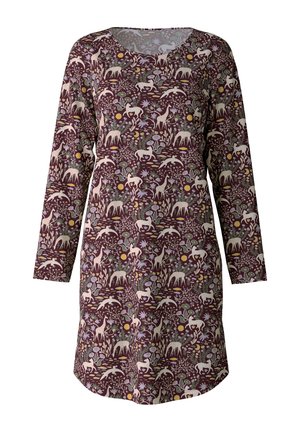 Lange mouw jurk van een wijnrode stof met een speelse print van dieren en bloemen, met een ronde halslijn en een losse fit.