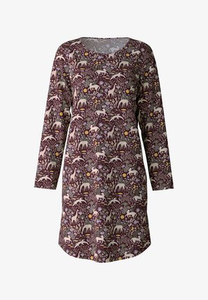 Lange mouw jurk van een wijnrode stof met een speelse print van dieren en bloemen, met een ronde halslijn en een losse fit.