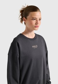 Jonge vrouw met lichte huid en naar achteren gebonden haar, gekleed in een donkergrijze trui met de tekst "HALO" op de borst, kijkt naar rechts tegen een effen achtergrond.