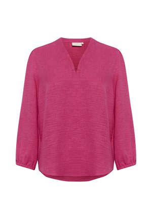 Fuchsia-pink langärmliges Oberteil mit V-Ausschnitt und strukturiertem Stoff. Verfügt über leicht puffige Ärmel und einen Saum, der an den Seiten nach oben verläuft.