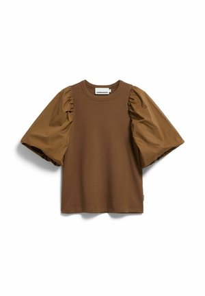 Brown top with oversized puffed satin sleeves and a round neckline, displayed flat on a white background.