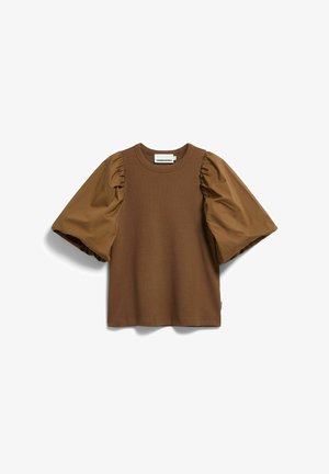 Brown top with oversized puffed satin sleeves and a round neckline, displayed flat on a white background.