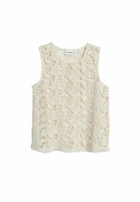 Lace top i cremefarve med blomster mønstre og rund halsudskæring. Inkluderer ærmeløs design med en afslappet pasform og bølgede kanter.