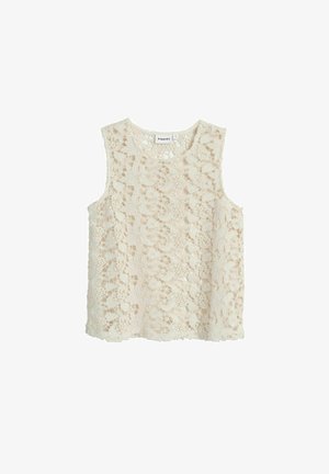 Kanten tanktop in cremekleur met bloemenpatronen en een ronde halslijn. Heeft een mouwloos ontwerp met een relaxte pasvorm en scalloped randen.