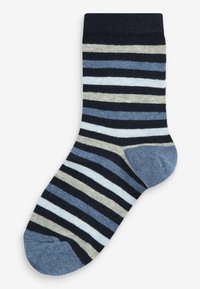 Calzino a righe in navy, azzurro chiaro e beige. Presenta righe alternate con un tallone e una punta rinforzati. Realizzato in un materiale morbido e testurizzato.