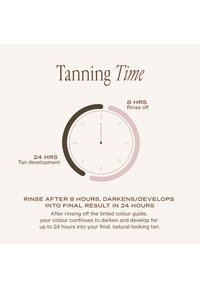 L'orologio per il tempo di abbronzatura indica il risciacquo alle 8 ore e il completamento dello sviluppo della tintarella a 24 ore con istruzioni per risciacquare dopo 8 ore per ottenere i migliori risultati.