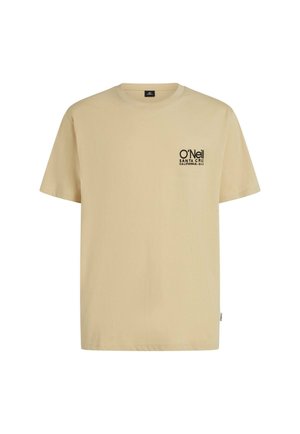 Beežist puuvillane t-särk ümara kaelusega, lühikeste varrukatega ja ees logoga "O'Neill Santa Cruz California." Sile kangapind.