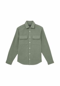 Cămașă din flanel verde cu guler cu nasturi, două buzunare pe piept și un tiv drept. Oferă o textură moale și închideri cu nasturi standard.