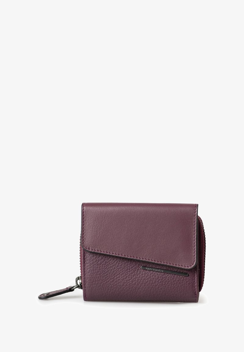 Purple leather wallet with a textured finish. Features a flap closure, zippered compartment, and a decorative metal accent. Compact design.