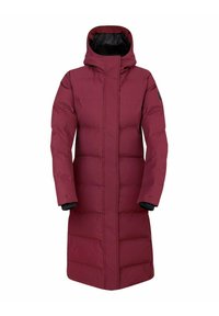 Burgunderfarbene Pufferjacke mit hohem Kragen, langen Ärmeln und schwarzem Innenfutter. Verfügt über horizontale Steppnähte und einen durchgehenden Reißverschluss vorne.