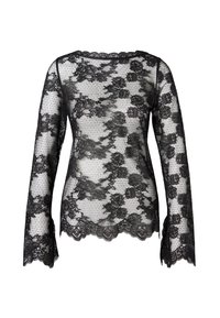 Svart blonde topp med lange ermer, blomsterdesign og bølget kant. Stoffet er gjennomsiktig med en prikkete tekstur.