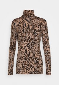 Langsleeve turtleneck top van zachte stof, met een zebra print in zwart op een beige achtergrond. Strak model met een hoge hals.