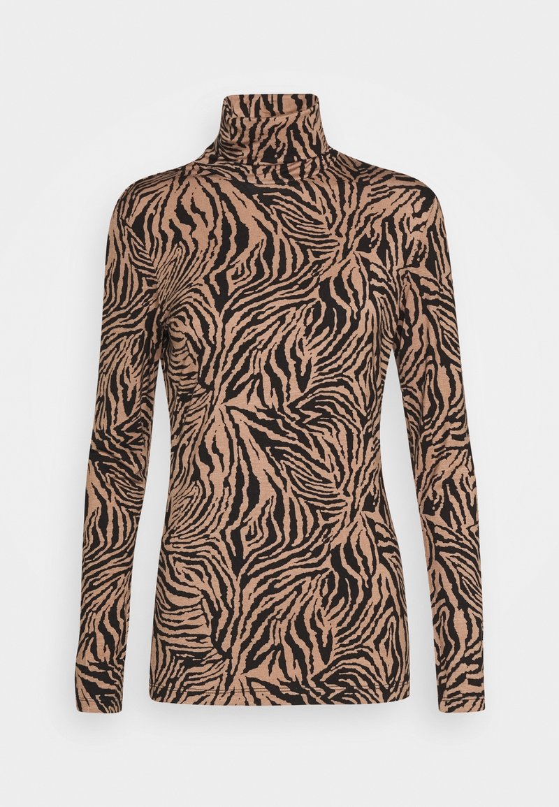 Langsleeve turtleneck top van zachte stof, met een zebra print in zwart op een beige achtergrond. Strak model met een hoge hals.
