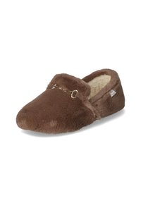 Brown fur-lined slipper with a soft, plush exterior, rounded toe, and decorative chain detail on the front. Textured surface.