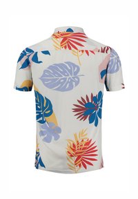 Korte mouwen shirt met een lichte achtergrond en kleurrijke tropische bladeren in rood, blauw, geel en paars. Soepele stofstructuur.
