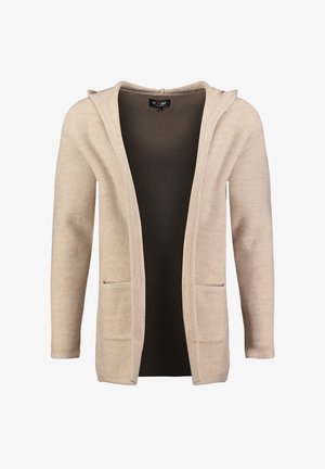 Cardigan en tricot beige avec un design ouvert à l'avant, deux poches avant et une capuche. Texture douce, léger, adapté pour le superposé.