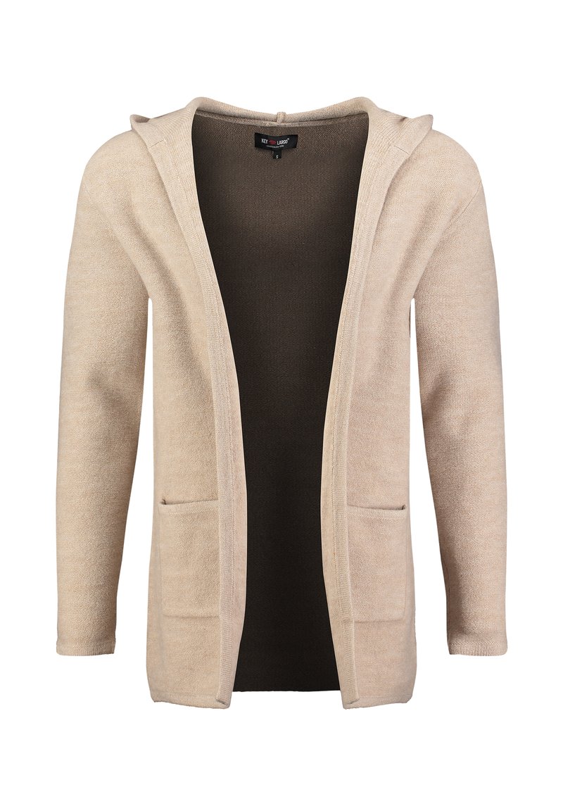 Cardigan beige a maglia con design aperto davanti, due tasche frontali e cappuccio. Texture morbida, leggero, adatto per essere indossato a strati.