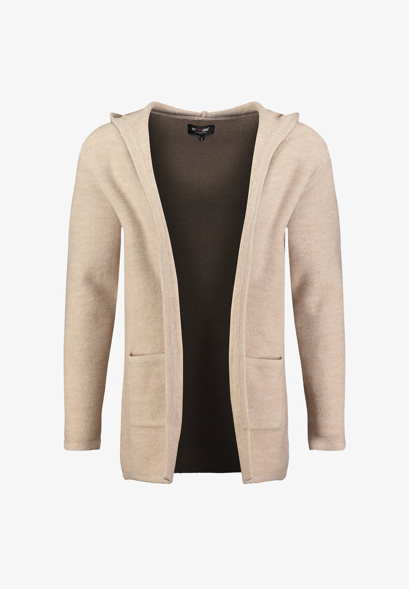 Cardigan beige a maglia con design aperto davanti, due tasche frontali e cappuccio. Texture morbida, leggero, adatto per essere indossato a strati.