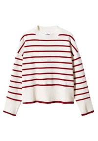 Pull rayé crème avec des rayures horizontales rouges, doté d'une texture côtelée et d'un col rond, conçu avec des manches longues et une coupe courte.