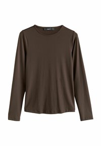 Bruine langemouwen blouse gemaakt van een soepele stof. Beschikt over een ronde halslijn en een rechte zoom, zonder zichtbare patronen of accenten.