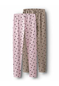 Két pár leggings: az egyik világos rózsaszín, fekete szívmintákkal, a másik barna hasonló fekete szívmotívumokkal, rugalmas derékrésszel.