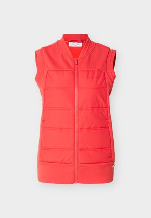 Rød polstret vest uten ermer med glidelås foran, ribbestrikket krage og ermehull, Calvin Klein-logo på brystet og sidelommer med glidelås.