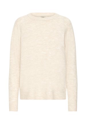 Cremefarbener Pullover aus einem weichen, strukturierten Strick. Mit langen Ärmeln und klassischem Rundhalsdesign, in einer leicht lässigen Passform.