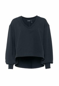 Black cropped sweatshirt with a V-neck, wide sleeves, and elasticated cuffs. Made of soft material, features a straight hem and minimalistic design.