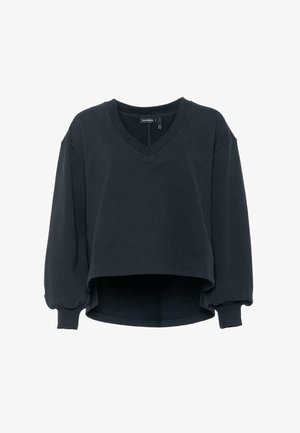 Černá zkrácená mikina s výstřihem do V, širokými rukávy a elastickými manžetami. Vyrobena z měkkého materiálu, má rovný lem a minimalistický design.