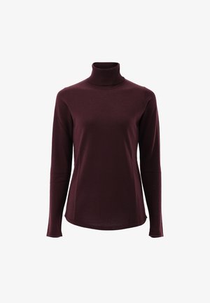 Burgunderfarbener Rollkragenpullover aus weichem Stoff mit langen Ärmeln, schmaler Passform und minimalistischen Nähten, ausgestattet mit einem hohen Kragen für zusätzliche Wärme.