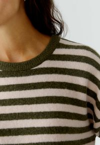 Gestreifter Pullover in Grün und zartem Rosa, mit weichem Material, Rundhalsausschnitt und markanten, abwechselnden Streifen.