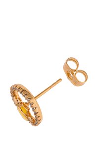 Kolczyk w kolorze złota zapinany na sztyft, z okrągłym wzorem z żółtym kamieniem w centrum, otoczonym małymi przezroczystymi kamieniami. Z tyłu znajduje się zapięcie.