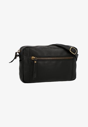 Sac bandoulière en cuir noir avec poche avant zippée et sangle réglable avec des détails en laiton.