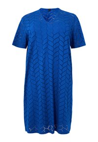 V-Ausschnitt, kurzärmliges Kleid in leuchtendem Blau, mit einem gestrickten Muster aus Rauten und Lochmuster, in lässigem, fließendem Schnitt.