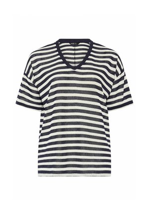 Kurzärmliges V-Ausschnitt-Shirt mit schwarzen und weißen horizontalen Streifen und entspannter Passform.