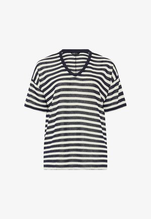 Lyhythihainen V-pääntiepaita, jossa mustavalkoiset vaakaraidat ja rento istuvuus.