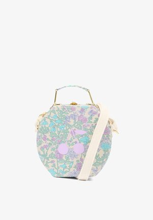 Okrągła torba z kwiatowym wzorem w jasnych odcieniach niebieskiego, fioletowego i różowego. Posiada złotą ramę, krótki uchwyt oraz odpinany pasek.