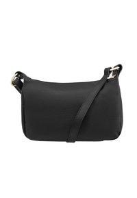 Borsa a tracolla in pelle nera con finitura testurizzata, forma rettangolare, tracolla regolabile e dettagli in metallo dorato.