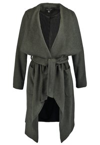 Ciemnozielony płaszcz trench wykonany z mieszanki wełny, z otwartym przodem, długimi rękawami, paskiem w talii i bocznymi kieszeniami. Miękka tekstura, średniej długości design.