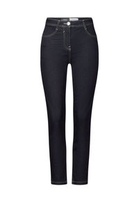 Jean slim en denim foncé avec des coutures jaunes, cinq poches et une fermeture à bouton. Texture lisse avec un aspect soigné.