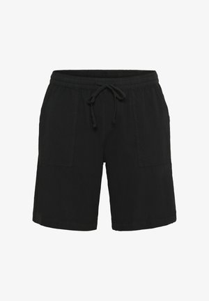 Schwarze Freizeithose mit elastischem Bund, verstellbarem Kordelzug und zwei aufgesetzten Taschen vorne, dargestellt vor weißem Hintergrund.