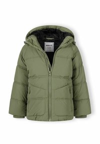 Olivno zelena podložena jakna s kapuco, zadrgo in stranskimi žepi. Ima kviltasto zasnovo in kontrastno črno podlogo.