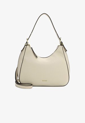 Beige leather handbag with a structured hobo shape, black accent trim, adjustable shoulder strap, and visible brand logo on the front.