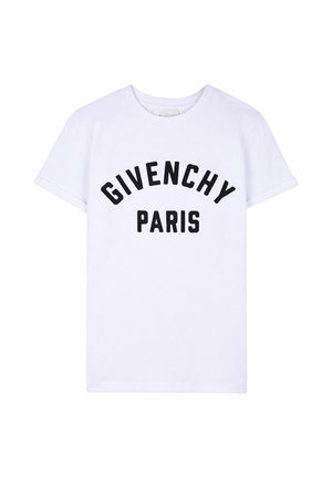 T-shirt bianca a maniche corte con scritta nera "GIVENCHY PARIS" stampata ad arco sul petto.
