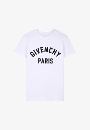 T-shirt blanc à manches courtes avec texte noir "GIVENCHY PARIS" imprimé en arc sur la poitrine.