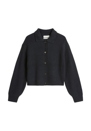 Donkerblauwe cropped cardigan met een geribbelde textuur, kraag en zeven knopen aan de voorkant. Lange, wijde mouwen. Zacht materiaal.