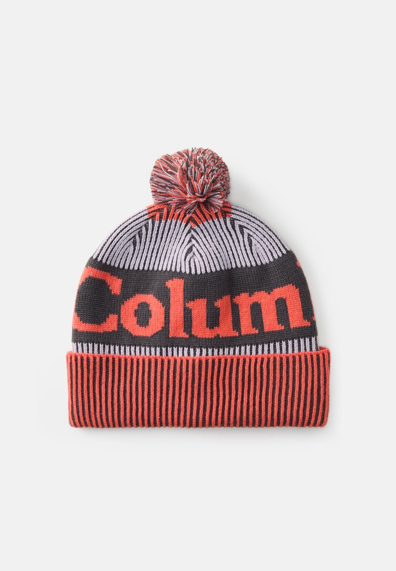 Căciulă tricotată în culorile negru, gri și roșu. Prezintă o bubiță la vârf, un logo îndrăzneț "Column" și un design cu margine striată.