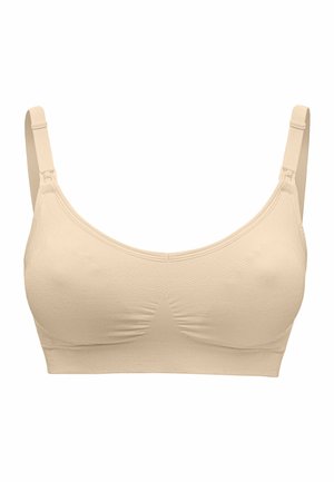 Beige nahtloser BH mit verstellbaren Trägern, breitem Band unter der Brust und subtilen Raffungen in der Mitte für eine Formgebung. Hergestellt aus weichem Stretchmaterial.