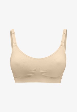 Beige nahtloser BH mit verstellbaren Trägern, breitem Band unter der Brust und subtilen Raffungen in der Mitte für eine Formgebung. Hergestellt aus weichem Stretchmaterial.