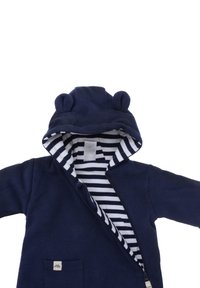 Dunkelblaue Kapuzenjacke mit Bärenohren, Reißverschluss, Fronttasche und gestreiftem weißen und dunkelblauen Futter. Weiches Material mit gerippter Textur.